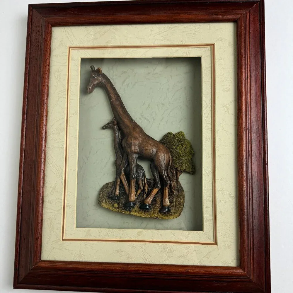 3D Carved Giraffe with Baby in Wooden Shadow Box 12